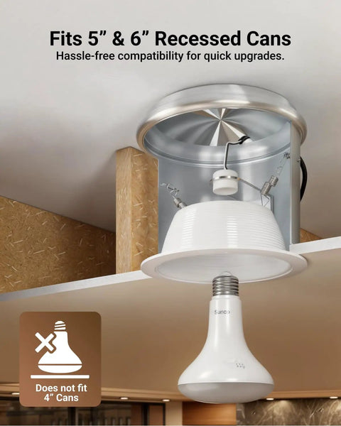 Installation example of 12 Pack BR30 LED Flood Light Bulbs For Recessed Can Lighting, showing fit for 5 or 6-inch cans