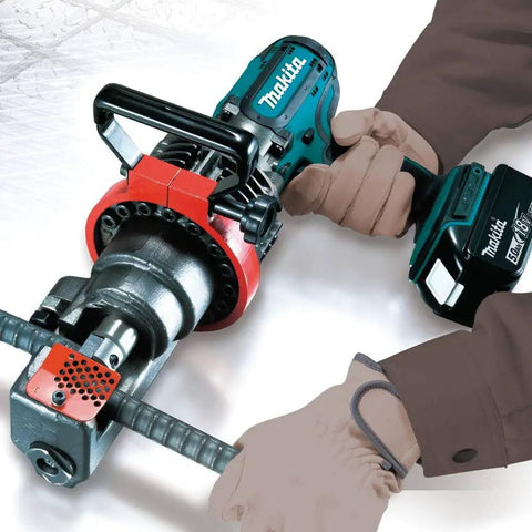Makita Xcs01t1 18V Lxt Lithium Ion Cordless Rebar Cutter Kit cutting rebar, equipped with adjustable stopper and rotating blade.