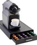 Nespresso OriginalLine Capsule Drawer Organizer Holds 50 Pods Black Storage Tray with coffee machine on top, open drawer visible
