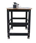 Kick Start Your Workshop With This Tight Router Table Package Featuring A Zero Wiggle Heavy Duty Stand Full Size Plycore Surface Precision Align Plate And Smooth Gliding Pro Fence, side view of router table with sturdy black frame.