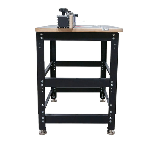 Kick Start Your Workshop With This Tight Router Table Package Featuring A Zero Wiggle Heavy Duty Stand Full Size Plycore Surface Precision Align Plate And Smooth Gliding Pro Fence, side view of router table with sturdy black frame.