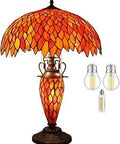 Red Tiffany Style Table Lamp With Wisteria Glass Shade And Glass Vase Night Light, antique bronze base, bulbs shown