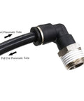 1/2 NPT Push To Connect Air Fitting 1/4 In OD Tubing Elbow 90 Degree Quick Connect Pneumatic Fittings Male Threaded Lock Push In Tube Connector 2 Pack For Air And Water Lines, black plastic and stainless steel elbow with 1/4 in tube inserted
