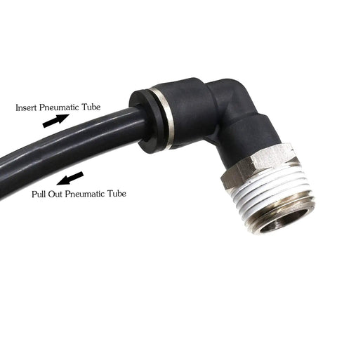 1/2 NPT Push To Connect Air Fitting 1/4 In OD Tubing Elbow 90 Degree Quick Connect Pneumatic Fittings Male Threaded Lock Push In Tube Connector 2 Pack For Air And Water Lines, black plastic and stainless steel elbow with 1/4 in tube inserted