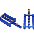 Adjustable Dowel Jig Kit Featuring Self Centering Guide For Dead Straight Drill Lines Big Time Saver For Faster Furniture Assembly Quick Board Connections And Pro Level Joinery Work, blue aluminum tool with adjustable guide holes.