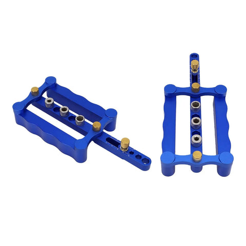 Adjustable Dowel Jig Kit Featuring Self Centering Guide For Dead Straight Drill Lines Big Time Saver For Faster Furniture Assembly Quick Board Connections And Pro Level Joinery Work, blue aluminum tool with adjustable guide holes.