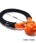 Soft Shackles 12mm By 150mm Synthetic Rope Winch Shackles, Off Road Ready Lightweight Recovery Gear For Jeeps And ATVs, Easy To Undo No Pin Seize, Durable Orange Color shown with measurement arrows and black protective sleeve.