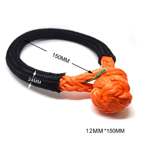 Soft Shackles 12mm By 150mm Synthetic Rope Winch Shackles, Off Road Ready Lightweight Recovery Gear For Jeeps And ATVs, Easy To Undo No Pin Seize, Durable Orange Color shown with measurement arrows and black protective sleeve.