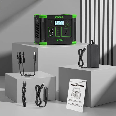 Go To Portable Power Station With 330W Continuous Output, 288.6Wh Battery displayed with cables and manual in modern setting.