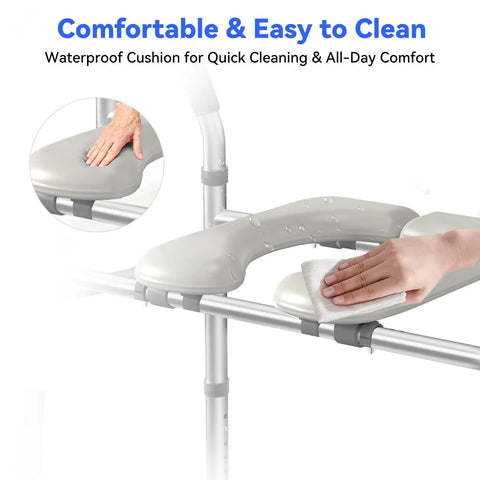 Ultra Comfy Raised Toilet Seat With Extra Wide Safety Handles Adjustable Height And Width For Seniors Fsa Hsa Eligible Heavy Duty Frame No Wobble waterproof cushion being cleaned.