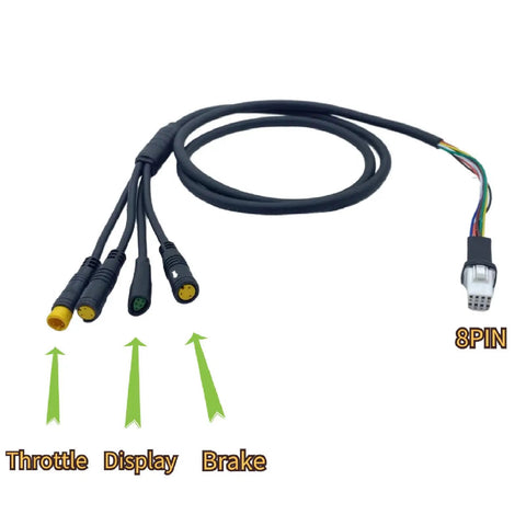 Electric Bike Extension Cable For Mid Drive Motors CAN Protocol Compatible With M200 M300 M400 M420 M620 G330 G332 G510 G360 Ebike Motors, featuring labeled throttle, display, brake connectors, and 8-pin plug.