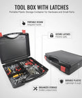 Durable Plastic Tool Box With Secure Latching System for grab-and-go storage, screws and nails in divided compartments, black container.