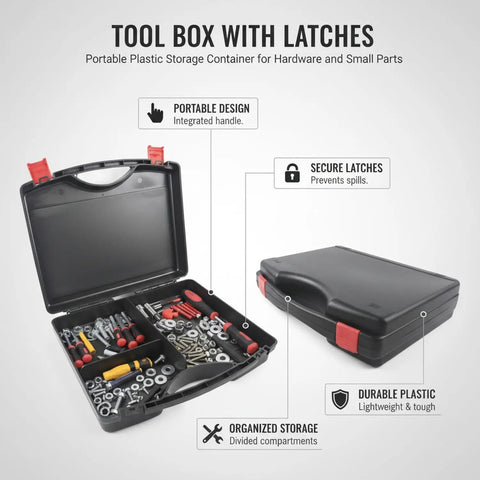 Durable Plastic Tool Box With Secure Latching System for grab-and-go storage, screws and nails in divided compartments, black container.