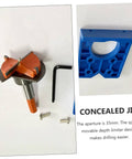 Orange hinge-boring drill with hex key and screws beside blue 35mm concealed hinge jig