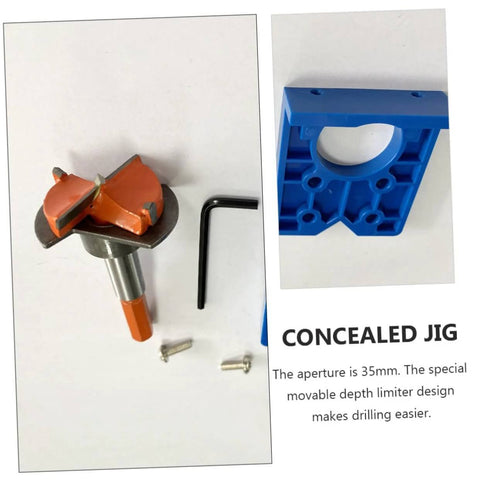 Orange hinge-boring drill with hex key and screws beside blue 35mm concealed hinge jig