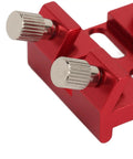 Close-up of Universal Dovetail Base For Finder Scope Mount with two grippy thumbscrews, red finish, sturdy bracket for optical telescopes.