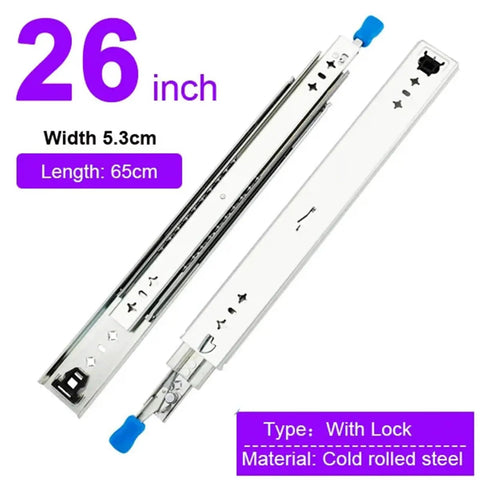Heavy Duty Locking Drawer Slides Full Extension Runners Built To Last For Smooth Silent Opening And Closing Rust Resistant Steel Rails With Ball Bearing Rollers Electroplated And Powder Coated Finish 1 Pair, 26 inch, 65cm