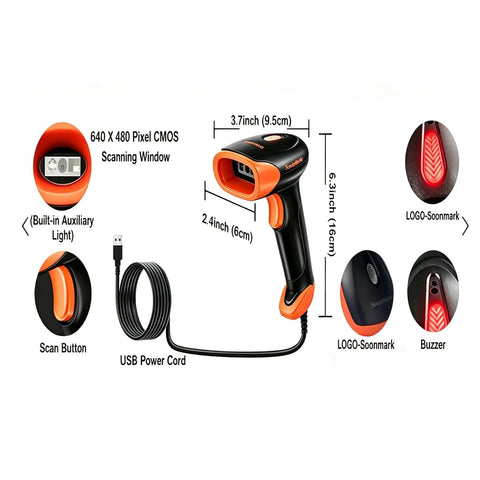 2D USB Wired Barcode Scanner with Plug And Play Setup for 1D And 2D Codes, Fast CCD Image Reading, detailed view with dimensions