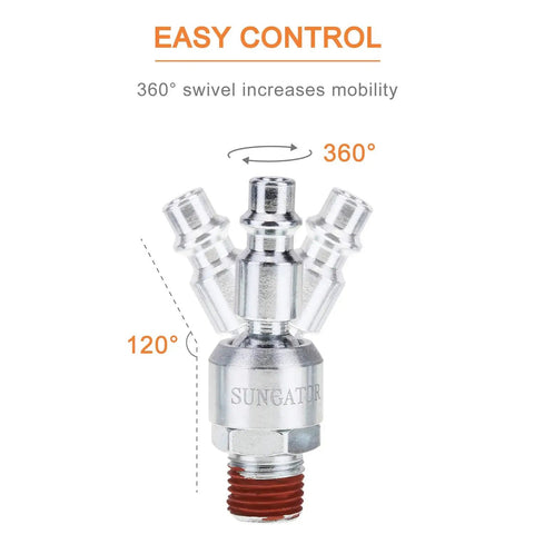 Three Pack 1/4 Inch Swivel Air Tool Fittings With 360 Degree Rotatable Quick Connect MNPT Plugs For Air Compressors, Industrial Pneumatic Adapters, Durable 1/4 Inch NPT Male Threads, 360° swivel steel fitting