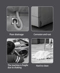 Image showing poor drainage, corrosion on furniture, fragile machine during repair, and mopping hard floors.