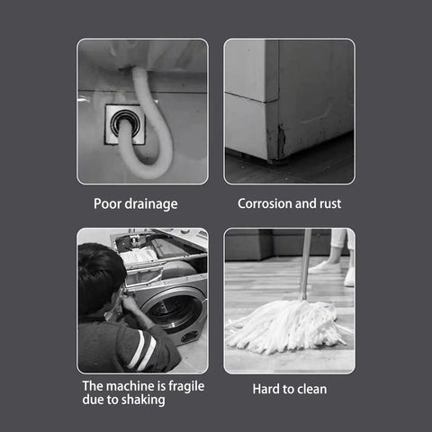 Image showing poor drainage, corrosion on furniture, fragile machine during repair, and mopping hard floors.