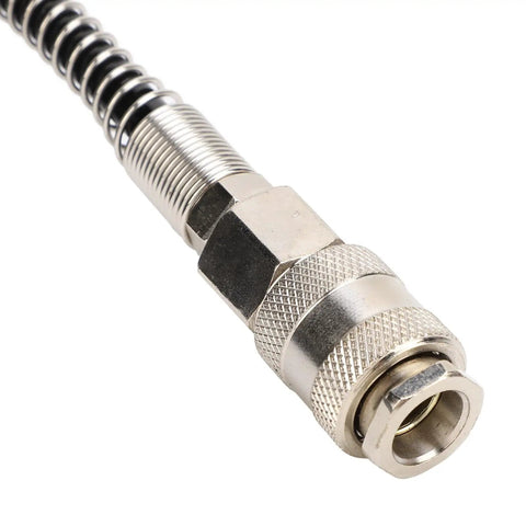 Close-up of the steel connector of the 3 Meter Self-Retracting Air Hose, Hella Tough Rubber and Steel Construction.