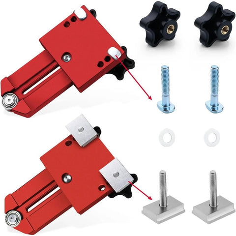 Extended Thin Ripping Jig For Woodworking with Dual Bearings shown with knobs and bolts, aluminum alloy, red, 175mm range.