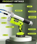 Cordless 12000 PSI Electric Grease Gun Kit with Dual 2.0Ah Batteries, LED light, flexible hose, and labeled parts on stand.