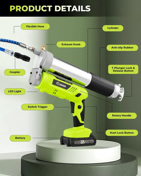 Cordless 12000 PSI Electric Grease Gun Kit with Dual 2.0Ah Batteries, LED light, flexible hose, and labeled parts on stand.