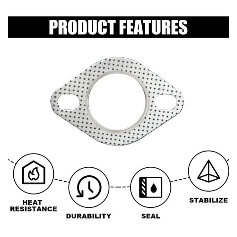 Metallic exhaust flange gasket with central round bore and two bolt holes (front view)