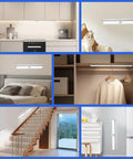 Home settings featuring Led Motion Sensor Closet Lights 6 Pack Wireless Under Cabinet Lighting Rechargeable Under Counter Lights Easy Install Night Light Bar For Kitchen Wardrobe Garage Hallway Stairs.