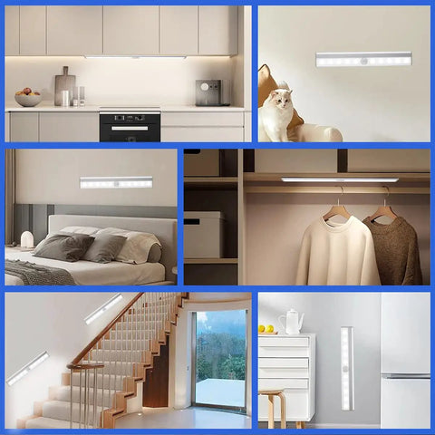 Home settings featuring Led Motion Sensor Closet Lights 6 Pack Wireless Under Cabinet Lighting Rechargeable Under Counter Lights Easy Install Night Light Bar For Kitchen Wardrobe Garage Hallway Stairs.