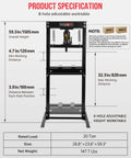 Heavy Hitter 20 Ton Hydraulic Shop Press With Stamping Plates Durable Carbon Steel H Frame Garage Press specifications layout.