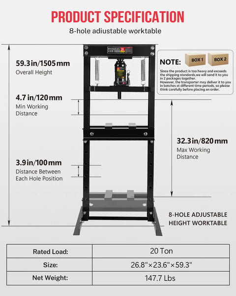 Heavy Hitter 20 Ton Hydraulic Shop Press With Stamping Plates Durable Carbon Steel H Frame Garage Press specifications layout.