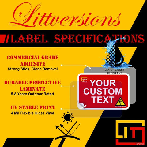 Commercial grade adhesive and durable protective laminate label specifications on yellow background.