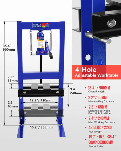 Beast 6 Ton Hydraulic Shop Press With Adjustable Height And H Frame Bearing And U Joint Adapter Heavy Duty Metalworking Tool For Auto Repairs Bending Straightening Installations And Press Fits blue H-frame with adjustable 4-hole worktable