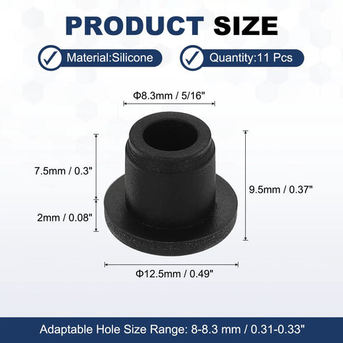 11 Pack T Shaped Silicone Plugs Set, 8.3mm Diameter, Five Sixteenth Inch Snap In Hole Seals, dimensions and specifications