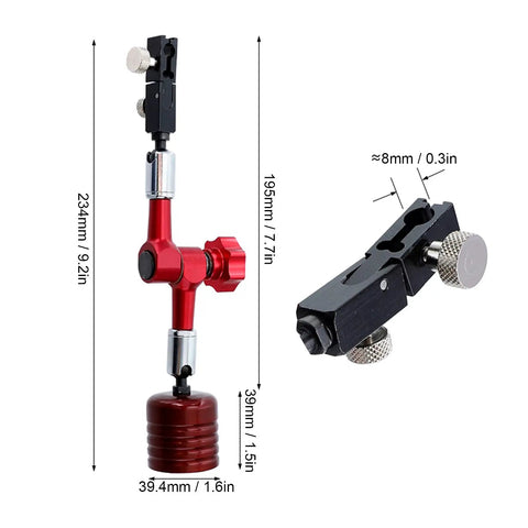 Pro Grade Heavy Duty Magnetic Base Stand For Dial Indicators With 50kg Pull, Red Universal Magnetic Indicator Holder, dimensions shown