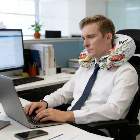 Man at desk using U Shaped Memory Foam Travel Pillow For Airplane And Car, Ergonomic Neck Support, comfy mushroom butterfly design