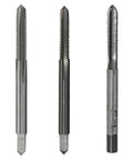Top Tier High Speed Steel Hand Tap Set Covers 8 Through 36 Fractional Sizes With Taper Plug And Bottom Styles shown in three views.