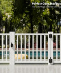 Heavy Duty Self Closing Gate Hinges 2 Pack With Adjustable Spring Tension on white vinyl gate near pool