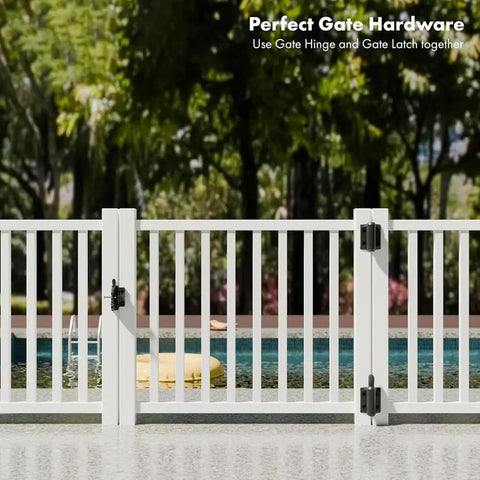 Heavy Duty Self Closing Gate Hinges 2 Pack With Adjustable Spring Tension on white vinyl gate near pool