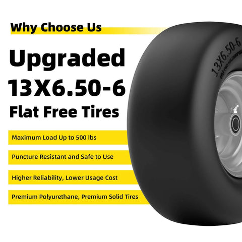 Flat Free 13x6.50-6 Lawn Mower Tires and Wheel Set for Zero Turn Mowers Solid Front Tire 13x6.5-6
