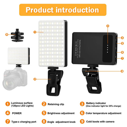120 LED Selfie Light for iPhone Clip and Tripod Adapter, Rechargeable 5000mAh Battery, 3 Lighting Modes, High CRI 97 Plus