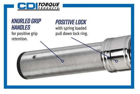 Close-up of Three Eighths Inch Drive Adjustable Click Torque Wrench With Micrometer Scale handle showing knurled grip and lock ring.
