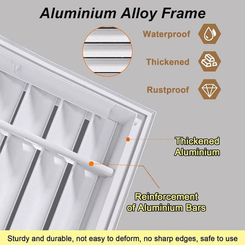 Close-up of White 22 X 26 Louvered Return Air Grille showing thickened aluminum frame and reinforced bars for durability.