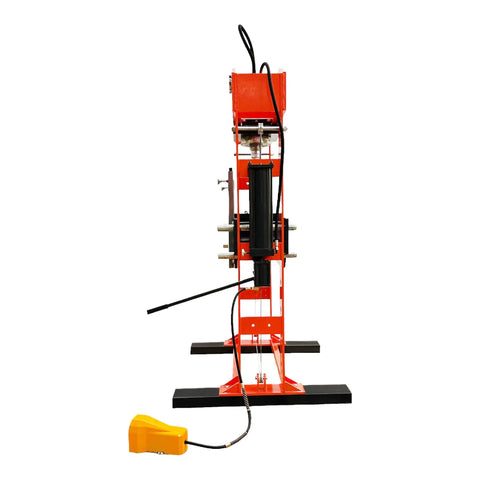 Heavy Duty Industrial Hydraulic Shop Press Delivering 100 Ton Pressing Force And Twin Cylinder Muscle For Quick Gear Bearing Swaps Metal Stamping Jobs Built Like A Boss Workhorse, side view showing dual pump and control foot pedal.