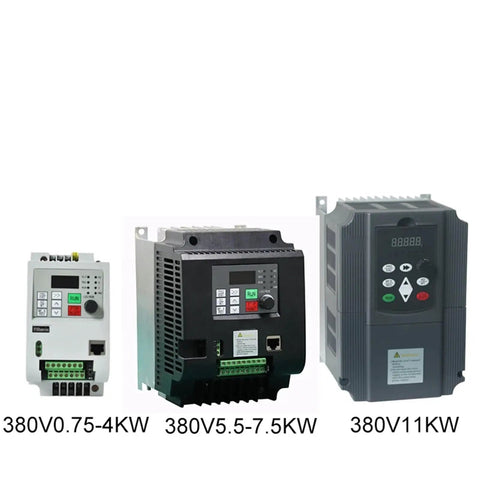 Beefed Up 7.5kW To 11kW Variable Frequency Drive For 3 Phase Motors, High Performance Inverter Controller With 0-650Hz Output, Rugged Industrial VFD Inverter Frequency Converter Easy Install, three black and gray units