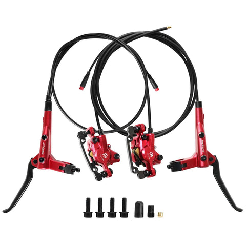 2-Pin 2-Piston Hydraulic Disc Brake Kit for E-Bikes and MTB with pre-bled mineral oil, including left front and right rear lines.