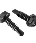 Number Twelve X Three Quarter Inch Hex Washer Head Self Drilling Screws Black Coated 410 Stainless Steel Heavy Duty Sheet Metal Fasteners Fifty Pack black screws with hex washer heads.
